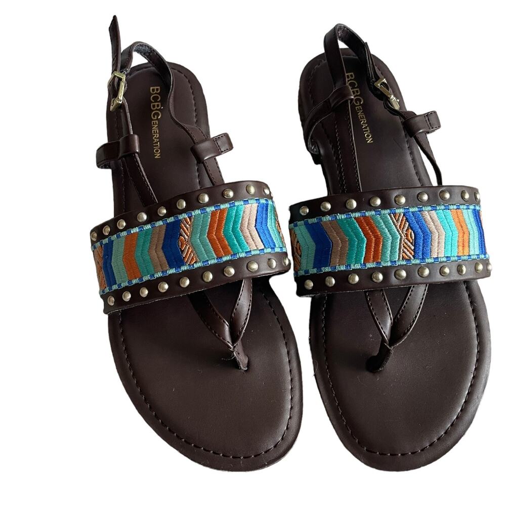 BCBGeneration Aztec Sandals Brown Leather Multi  Embroidered Design Size 7